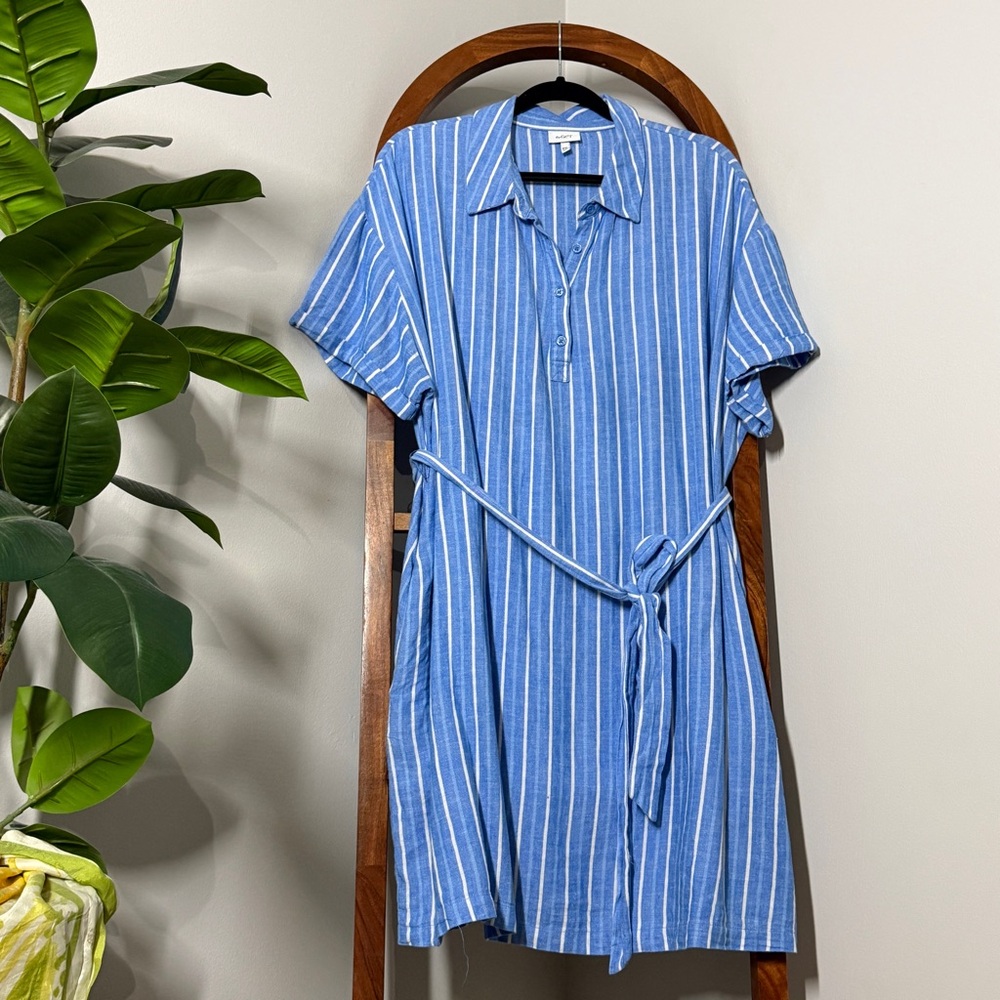 TheGet XXL Blue Stripe Linen Blend Belted Shirt Dress